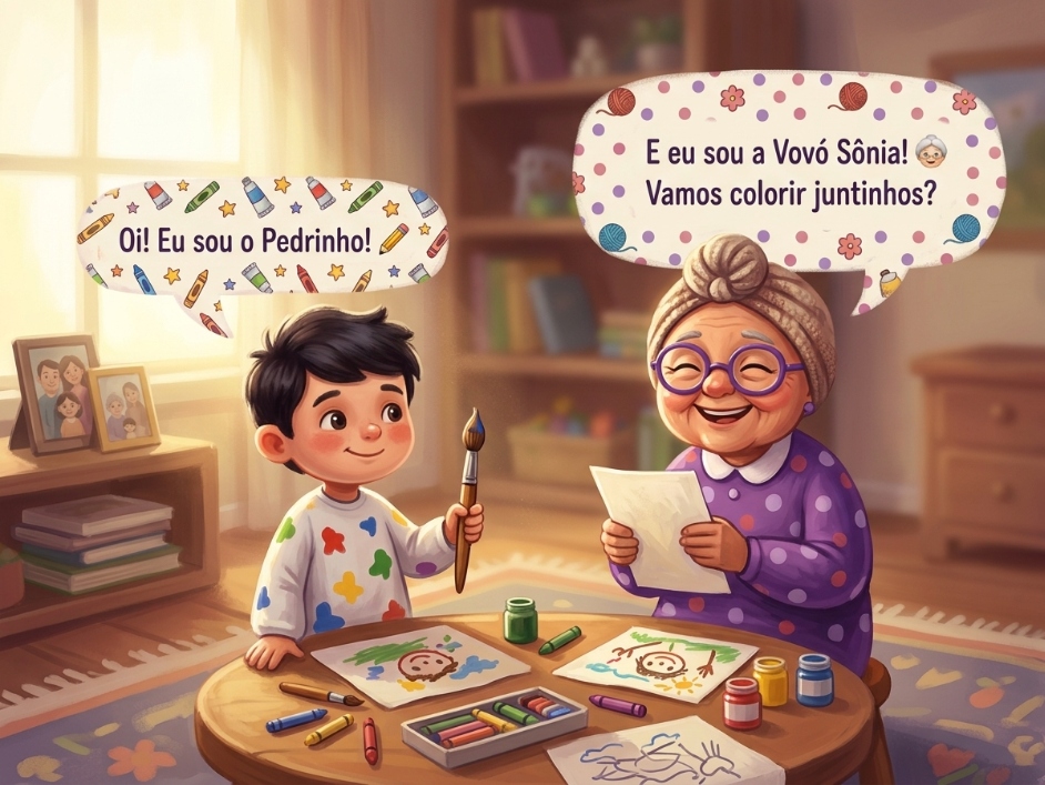 Vovó Sônia e Pedrinho colorindo juntinhos